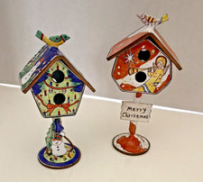 Lot 2 Vintage KELVIN CHEN Enamel Copper Mini Birdhouses Christmas Hand Painted picture