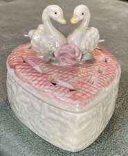 Swan Trinket Jewelry Box Heart Shape Pink Rose Iridescent Shine Vintage Mini  picture