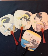 Vintage Japanese Uchiwa Hand Fans Bamboo Handles Made in Japan. Small Beautiful picture