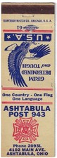 Vintage Matchbook Cover VET VFW Ashtabula Post 943 Ashtabula Ohio  . Club picture
