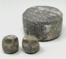 Gray Marbled Stoned Lidded Trinket Box with Carved Baby Owls 3 Piece Set picture