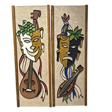 Vtg 1960s MCM Gravel Art Pair Comedy Tragedy Theater Mask Wall Plaque Panel 24