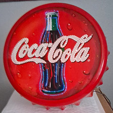 Coca-Cola Round LED Lighted Sign Bottle Cap Style Plug-In Red Soda Theme picture