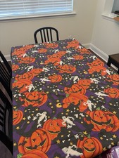 Vintage 90s Halloween Tablecloth Ghost Jack o Lanterns Cat 59”x103” picture