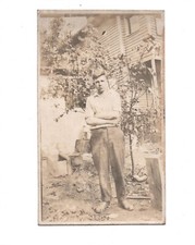  1910s Young Man Garden House Real Photo Wood Boxes Arms Folded Antique picture