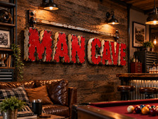 MAN CAVE – Vintage Red Metal Letter Wall Sign picture