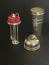 ART DECO MINI COCKTAIL SHAKER CHERRY BAKELITE PICKS JIGGER SILVERPLATE picture
