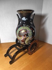 Vtg.Cosmos.Import.Black.Porcelain.Dragon.Vase.Japan.Imperial.Carriage.Cart.Stand picture