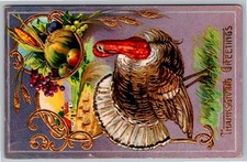 1911 Thanksgiving Greetings Turkey Cornucopia Embossed Gold Gilt Postcard picture