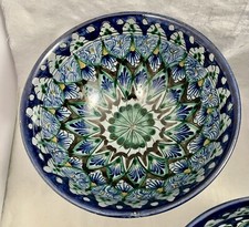 Vintage UZBEK UZBEKISTAN Ceramic 6” Footed Bowl ~ Hand Painted Signed picture