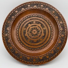Vintage Polish Folk Art Carved Wood Plate Plaque Wood Burned Wall Decor 10