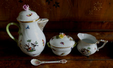 Lot Herend Porcelain Rothschild Bird 9.5” Coffee Pot, Creamer Sugar Bowl & Spoon picture