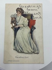 Vintage Postcard 1908 P. Gordon Vacation Girl Victorian Woman & Pit Bull Dog picture