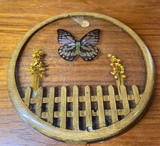 VTG 1970s Lucite Butterfly Trivet with Mini Fence and Dried Flowers - Grannycore picture
