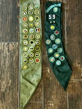 Vtg 1960’s to late ‘90’s Green Girl Scout Sashs With Merit Badges and Pins (2) picture