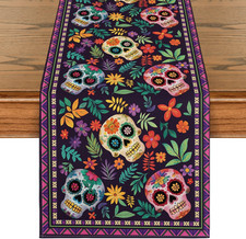 Mexican Sugar Skull Dia De Los Muertos Table Runner, Day of the Dead Altar Kitch picture