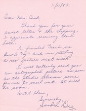 Sandra Dee. Gidget,  1957 autograph letter signed to fan when she was only 15 picture