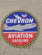 VINTAGE 1952 CHEVRON AVIATION GASOLINE PORCELAIN SIGN 12