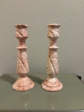 Vintage Pair of Hand-Carved Pink Onyx Twist Candlestick Holders picture