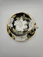 Vintage Black Paragon Cup, Saucer, White Gardenia, Double Warrant, England picture