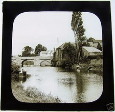 Glass Magic Lantern Slide UNKNOWN VILLAGE WITH BRIDGE C1900 picture