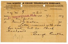 1887 Western Union Telegram Jacksonville, Fl New York signed George Conklin picture