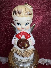 Vtg October Kewpie Angel Girl W Jack O Lantern Rhinestones Figurine G Japan picture