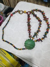 Vintage Artisan Beaded Statement Necklace - Multi-Color Chips with Green Medalli picture