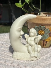 Vintage 90s Y2K Bisque Angel Cherub on Cresent Moon Cloud Celestial Angelic picture