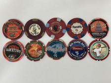 Premium Lot of (10) $5 Casino Chips Featuring Harolds Club, Harrah’s, and More picture