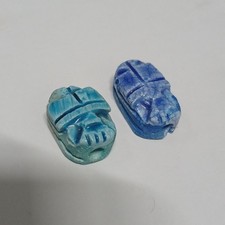 Ancient Egyptian Scarab Bead Blue Ceramic Pharaoh Collectible Vintage Craft. picture