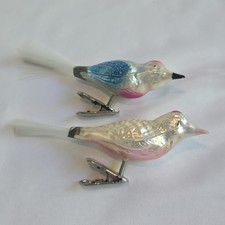 Set of 2 Vintage Blown Glass Clip-On Bird Christmas Ornament Feather Tail picture