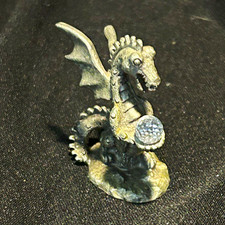 Fantasy Pewter Dragon Figurine Statue Holding Crystal Ball Blue Orb picture