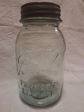 VTG Ball Perfect Mason Quart Smoky Gray Hues Of Green W/Zinc Ring Mold 6 Bubbley picture