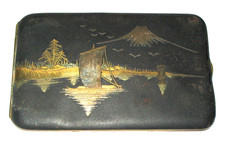 ANTIQUE JAPANESE DAMASCENE CIGARETTE CASE GOLD INLAY MT FUJI  c1920 picture