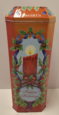Vintage Cheryl & Co Christmas Tin Canister Container w/Lid Tall Octagon Shape picture