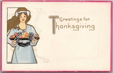 c1910s TR / Rose Co. THANKSGIVING Postcard Woman with Fruit Bowl / Art Deco picture