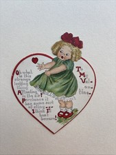 Antique Comic Die Cut Heart Shaped Valentine Card Girl Green Dress Red Bow 1910s picture