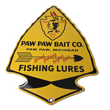 Vintage Paw Paw Bait Co Sign - Fishing Lures Arrowhead Gas Pump Porcelain Sign picture