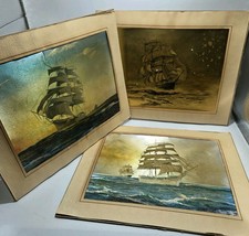 Vintage Lot Of 3 English Metal Etching Prints Clipper Ships Nautical ~10 x ~8
