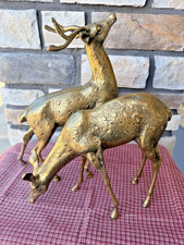 Pair VTG Spotted Solid Brass Deer Statues Buck & Doe Patina 14