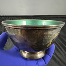 Vintage MCM Towle EP Paul Revere #5001 Silver Plate Green Enamel Footed Nut Bowl picture