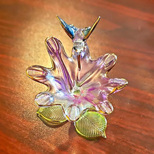 Glass Hummingbird Figurine Iridescent Purple & Green w/ Metal Leaves picture