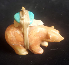 Native American Zuni Handmade Carved Stone Bear Fetish Totem w/ Turquoise Bundle picture