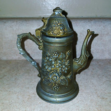 Vintage Miniature Pewter Coffee Pot Figurine Ornate Floral Relief 4.5 picture