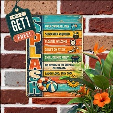 Vintage Swimming Pool Welcome Sign Summer Patio Wall Art Metal Tin Plaque picture