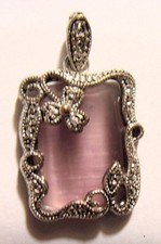1970s vintage 37 carats mauve cat's eye cabochon silver tone pendant 55227 picture