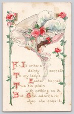 Antique Easter Bonnet Poem Postcard Fashion Lady Roses Embossed c1910 picture