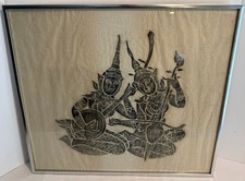 VINTAGE FRAMED THAI TEMPLE RUBBING 2 MUSICIANS ON MULBERRY OR RICE PAPER 23 X 20 picture