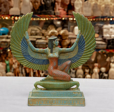 Unique Large Statue of Isis Hand Painted Stone Open Wings Made in Egypt picture